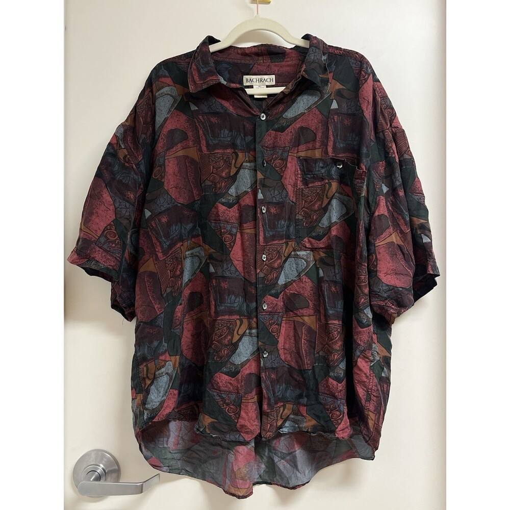 Bachrach 100% Silk XL Button Front Short Sleeve Mens Geometric Retro Shirt